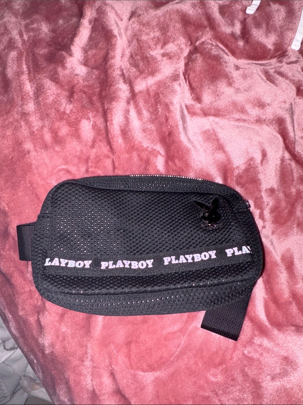PLAYBOY Black Mesh Belt Bag with Pink Logo Tape